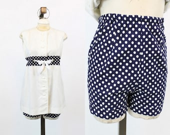 60s Romper Set Small / 1960s Top and Shorts Polka Dot / A Novel Idea Playsuit