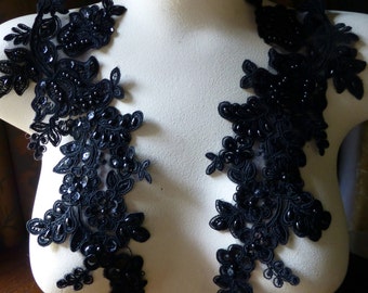 BLaCK Applique Beaded Lace Pair for Lyrical Dance, Bridal, Headbands, Sashes, Costume Design PR 96bl