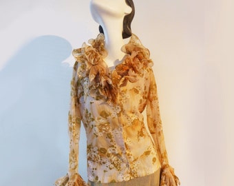 Gorgous Vintage Blouse from the 60s Haut Couture Ruffled Womens Blouse Long Sleeve blouse in beige green brown floral pattern, Joni Apple