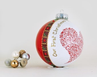 Our First Christmas ornament - Hand painted personalized glass ball