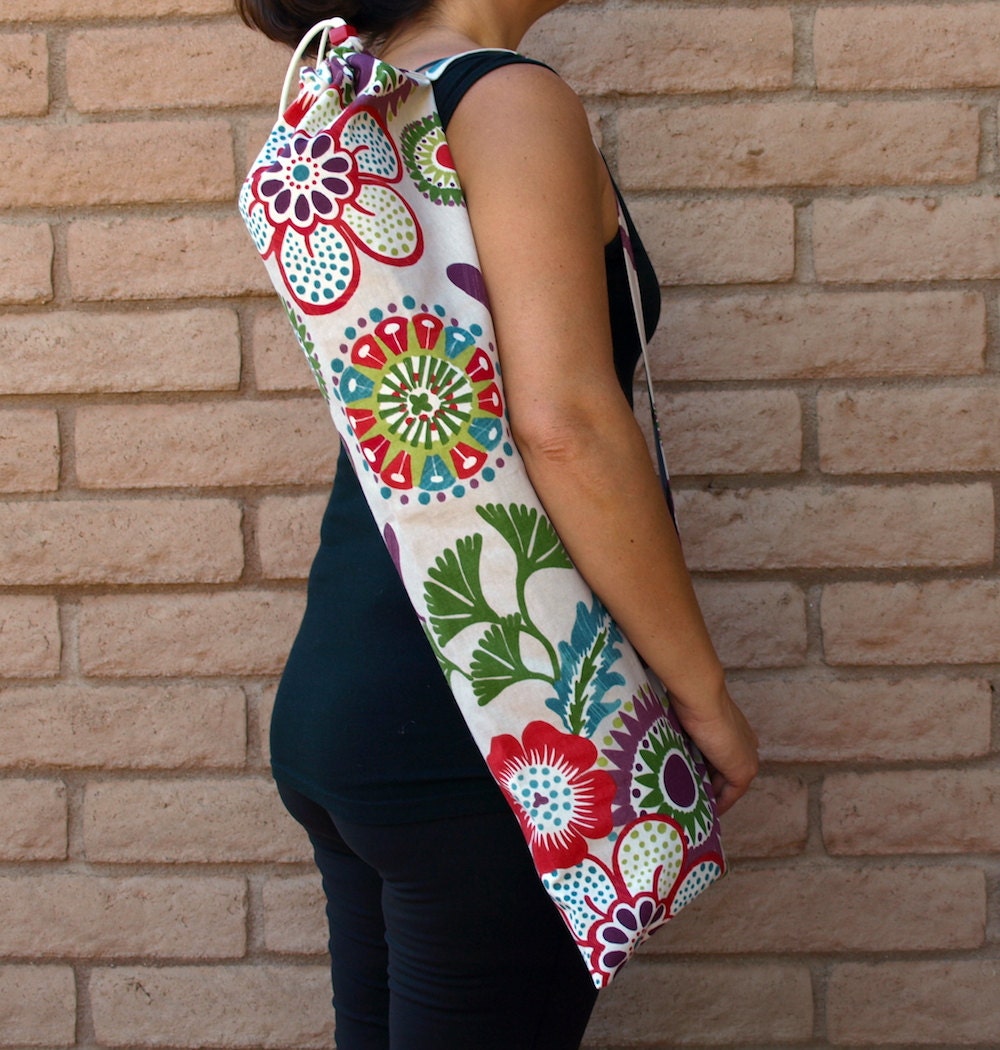 Yoga Mat Bag in floral home decor fabric with drawstring and