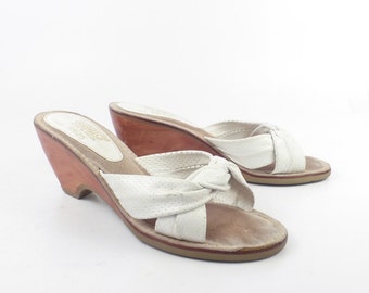 Rapallo Wedge Sandals Vintage 1970s White Leather High Heel Women's size 7