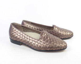 Woven Leather Shoes Vintage 1980s Trotters Bronze Gold Women's size 6 W