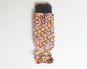 Crochet iPhone 6 Mermaid Tail Cozy in Pink, Turquoise, and Yellow, Cell Phone Slip Cover Case, ready to ship.