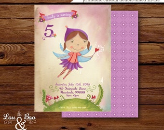 Esmeralda the Flower Fairy Custom birthday party invitation - illustrated purple fairy birthday party invitation