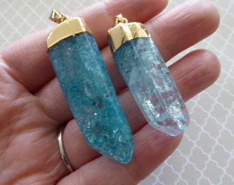 25% Off Sale,, 1 5 10 pc, CRYSTAL Charm, Crystal Quartz POINT Pendant, Pink or Aqua Crackle Quartz, Gold Edged, ap70.12 val