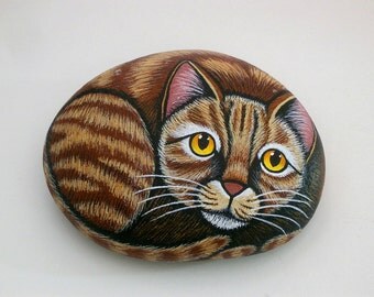 Unique OOAK 3D art object for home office decor-orange tabby kitten-painted rocks-gift ideas-for cat lover-best friend gifts-fleece pet bed