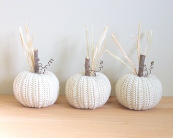 Fall Decor White Pumpkins Set of Three Autumn Decor Crocheted Pumpkins Halloween Thanksgiving Decor Primitive Country Decor Farmhouse Decor