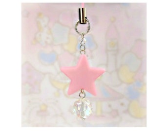 Cute Cell Phone Strap Charm Zipper Pull Pastel Light Pink Star Iridescent Bead Fairy Kei Sweet Lolita