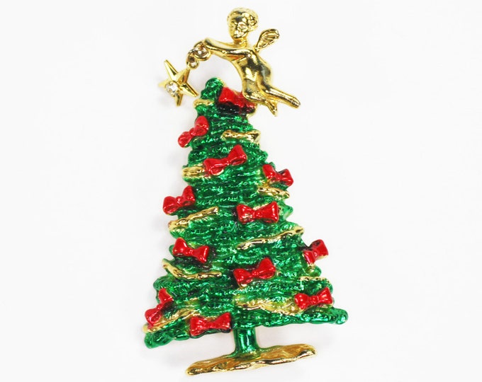 Enameled Christmas Tree Pin Angel with Star Dangle Vintage Holiday Jewelry Signed AJC