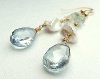 Aquamarine Keishi Pearls Mystic Blue Quartz Gold Earrings