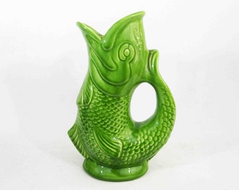 Vintage Koi Fish Pottery Pitcher in Green. Circa 1950's - 1960's.