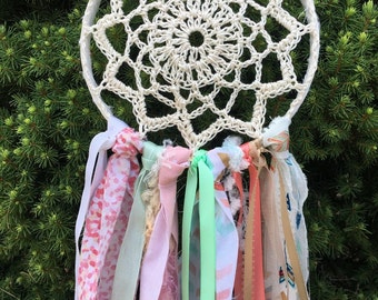 Dream Catcher, Boho style Coral and Aqua dreamcatcher for Boho Baby Shower or Boho Wedding shower or Ceremony, 6" handmade Party Decoration