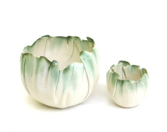 pair of hand built porcelain balloon bowls ... white with copper green ... duo