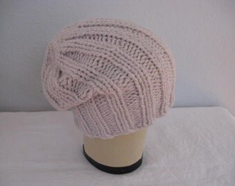 Chunky Slouchy Beanie in Angora and Merino Wool. Hand Knit Ribbed Watch Cap in Oyster.