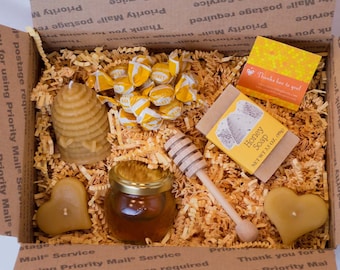 Small Raw Honey & Beeswax Candle Food Gift Box for a Birthday Gift, Hostess Gift, Welcome Gift, Holiday Gift