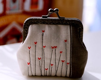 Grey linen and Red hearts little coin Purse