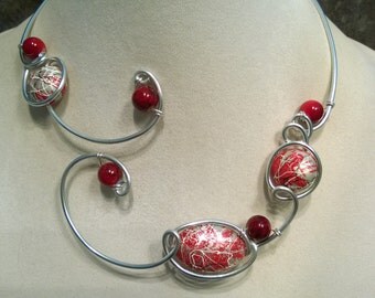 Wire wrapped necklace, Modern jewelry, Red jewelry, red necklace, Alu wire jewelry, Metal wire jewelry