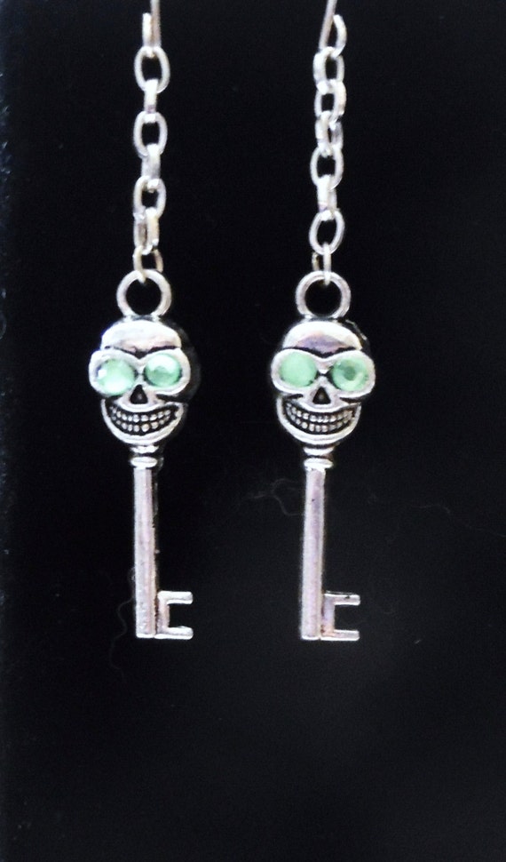 Skull Key Earrings Handmade Green Eye Skull by AlsSpiritualJewelry