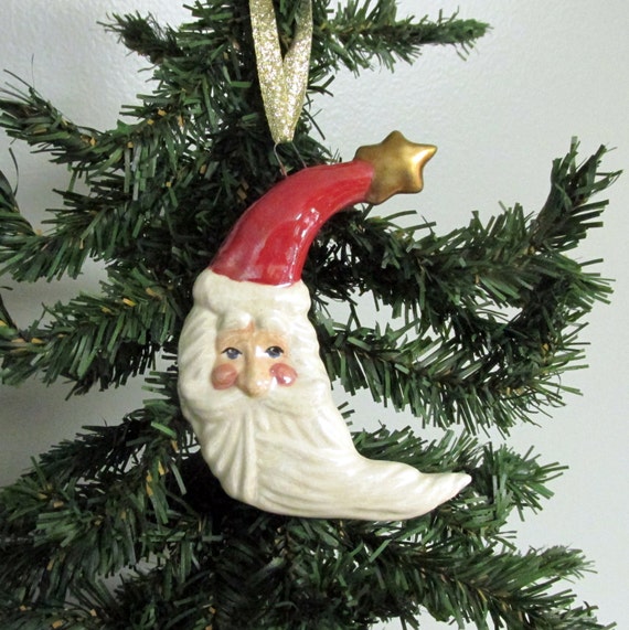 Ceramic Santa Crescent Moon Christmas Ornament Scarlet Red