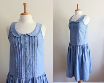 Vintage Peter Pan Collar Drop Waist Chambray Midi Dress