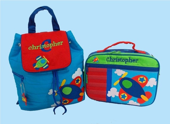 Child's Personalized Stephen Joseph AIRPLANE Backpack and Lunchbox School Set-Monogramming Included