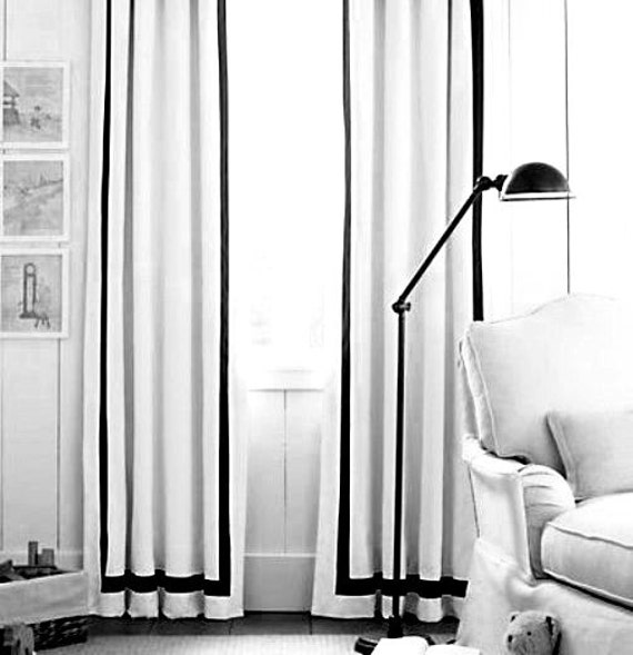 White Linen drapes with grosgrain ribbon trim Pair linen - White Linen drapes with grosgrain ribbon trim, Pair linen curtains, rod  pocket, flat