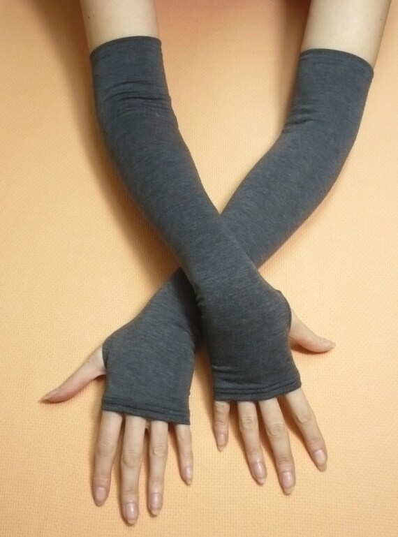 Long Graphite Grey Fingerless Gloves Gothic Cyber Stretchy