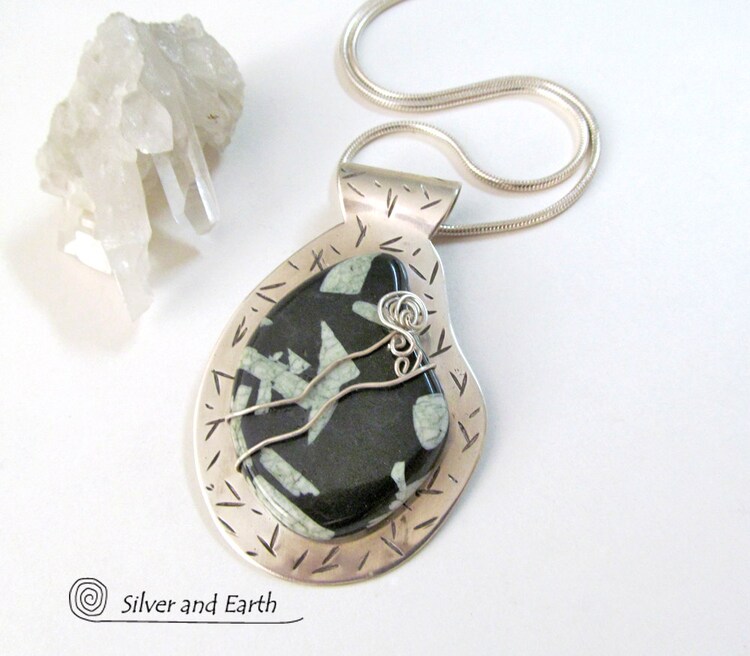 Chinese Writing Stone Necklace Handmade Sterling by SilverandEarth