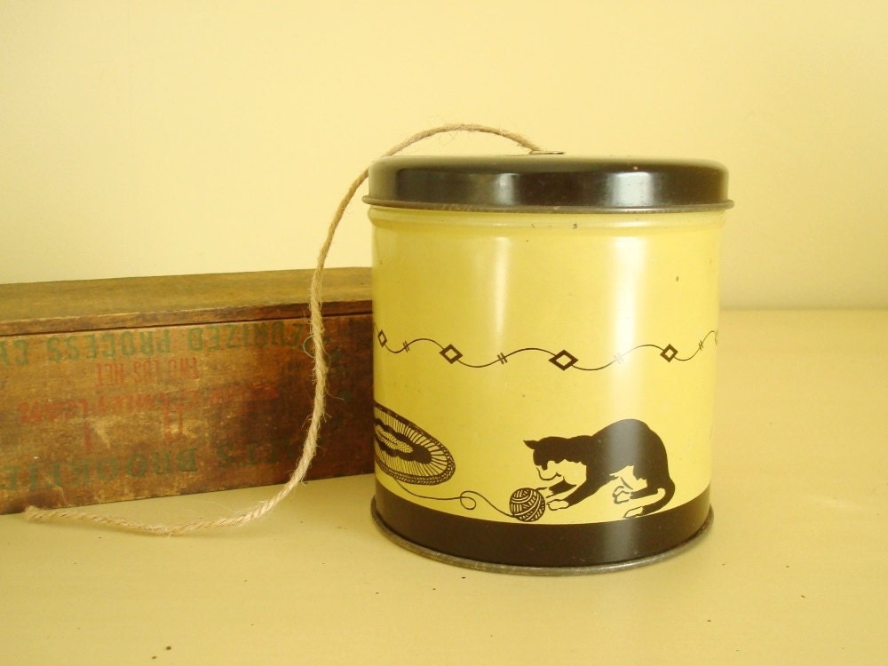 Vintage string holder tin, midcentury yarn ball holder, woman in