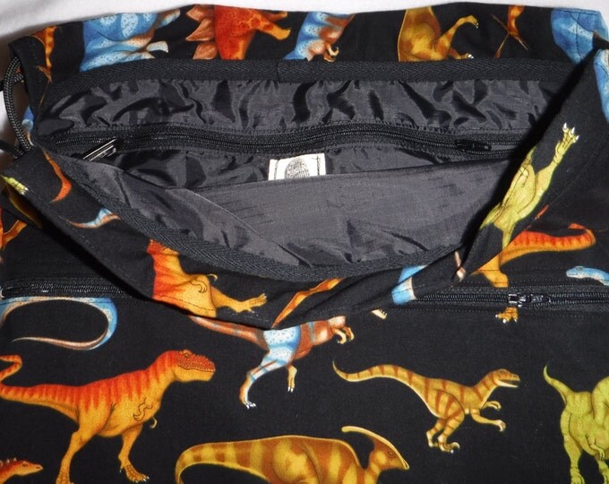 Dinosaurs color on black Backpack/tote made to order