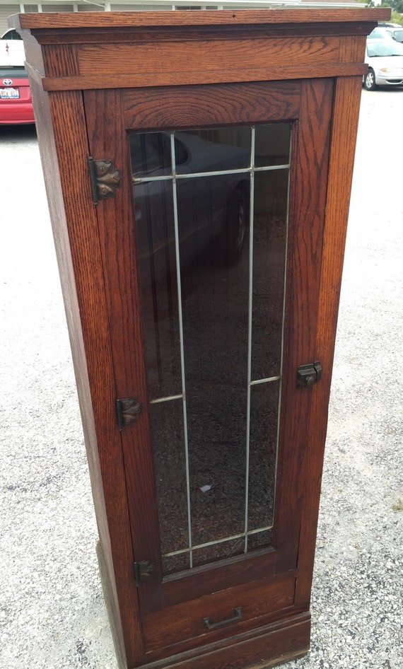 Antique Solid Oak Leaded Glass Cabinet 23w19d67h Shipping is