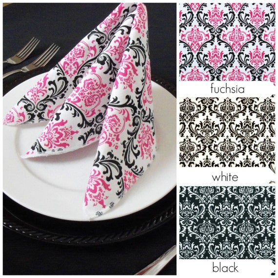 Floral Napkins Fuchsia Hot Pink Black And White Napkins Fabric