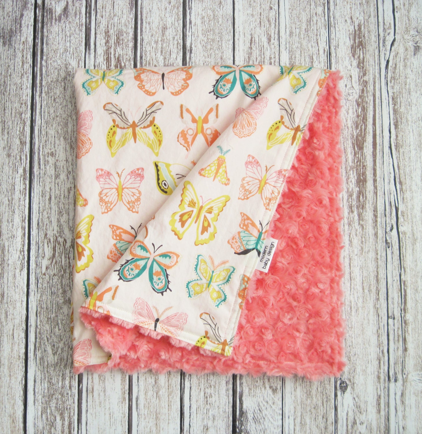 Coral Butterfly Baby Blanket Baby Girl Rose Minky Baby