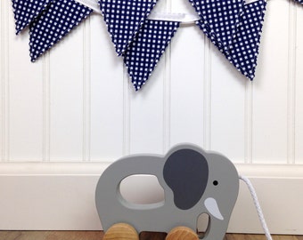 Bunting Banner Mini, Fabric Banner, Fabric Flags, Nautical Baby Nursery Decor, Baby Boy Decor, Birthday Decoration - Navy Blue Gingham