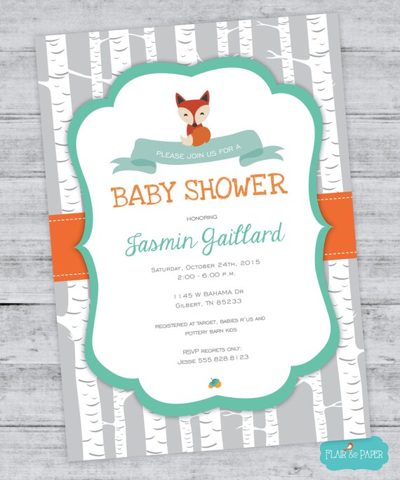 Fox Baby Shower Invitation Fox Woodland Animals By Flairandpaper Fox Baby Shower Invitation Template
