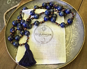 Lazuli, a Mala with Lapis and Hematite. Handmade by Equinox Goods.