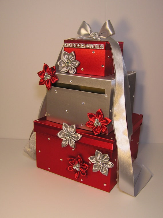 Wedding Card Box Red and Silver Gift Card Box by bwithustudio