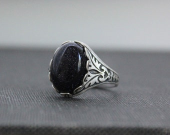 Blue Goldstone Ring. Antique Silver or Antique Brass