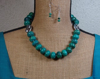 Natural chrysocolla Gemstone Rondelles, 925 silver Necklace and Earrings