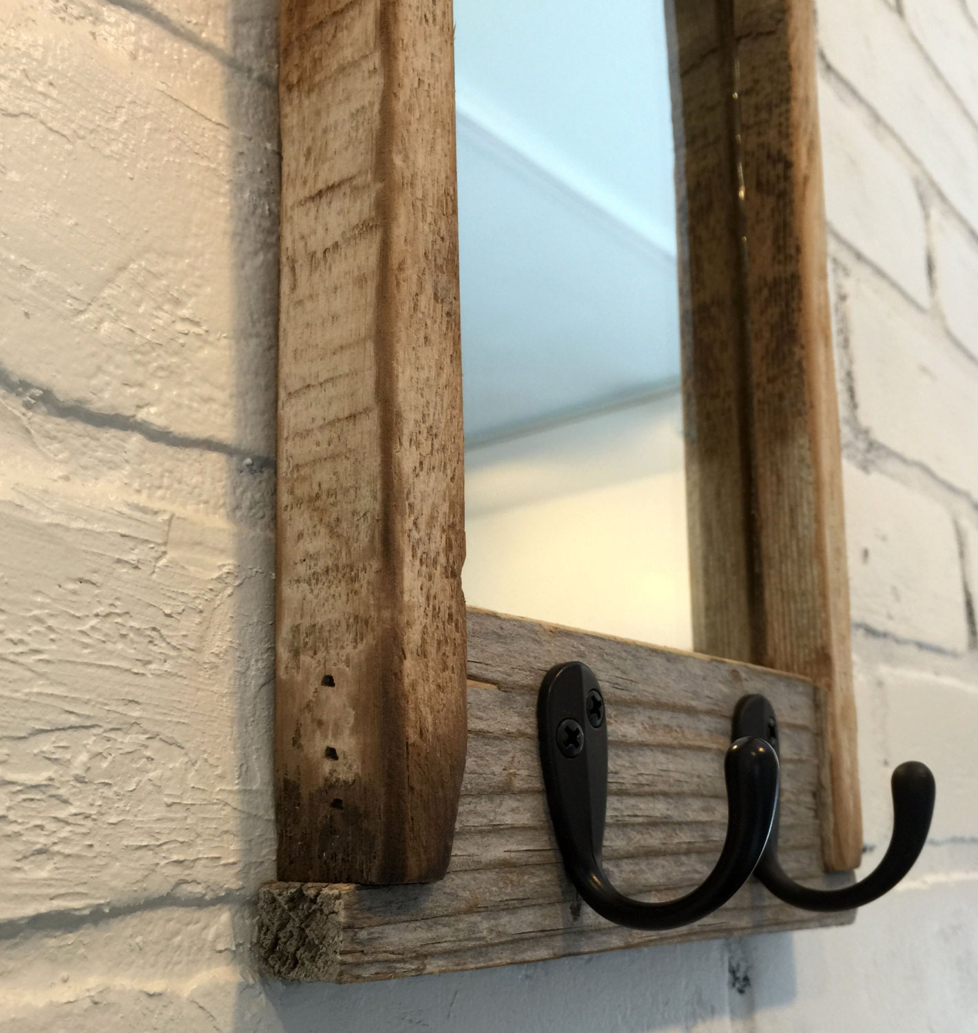 Entryway Mirror with Two Coat Hooks Rustic Reclaimed Wood