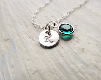 Birthstone Initial Necklace, Sterling Silver Necklace, Personalized Birthstone Necklace, Initial with Birthstone Jewelry, Hand Stamped
