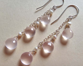 Pink gemstone earrings, pink and white earrings, rose quartz earrings, AAA pink quartz earrings, pink quartz pearl dangle earrings, handmade