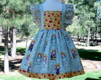 SALE 3T Farm Girl Dress, Farm Animals, Agua and Yellow, Last One and Ready to Ship, Flutter Ruffles by Hopscotch Avenue