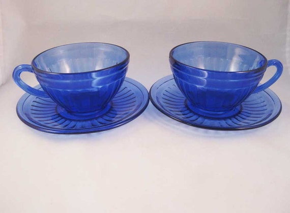 Hazel Atlas Cobalt Blue Depression Glass Aurora Tea Cups