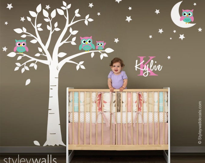 Owls Tree Wall Decal, Owls Wall Decal Moon and Stars, Owls Personalized Initial Name Wall Decal, Tree Decal, Moon Stars Owls Wall Sticker