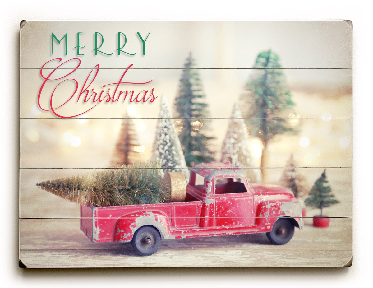 Wooden Christmas Sign Red Truck and Trees Rustic Christmas