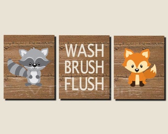 Bathroom Decor, Kids Bathroom Art, Woodland Animals, Woodland Bathroom Art, Wash, Brush, Flush, Fox, Raccoon, Set of 3, Prints or Canvas