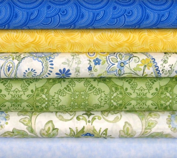Six Blue Yellow and Green Fabrics Cotton Quilt Fabric by fabric406