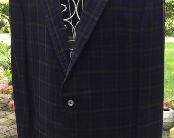 Norman Hilton Vintage Sport Jacket-- Size 44 R-- Wright & Simon Wilmington DE-- Navy and Green Plaid Wool Silk Blend Unisex Blazer